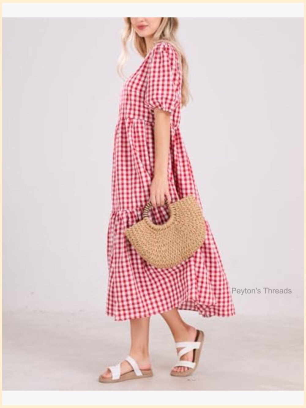 Retro Lantern Puff Sleeve Plaid Dress Gingham Swing Tiered Midi Long - Picture 4 of 7
